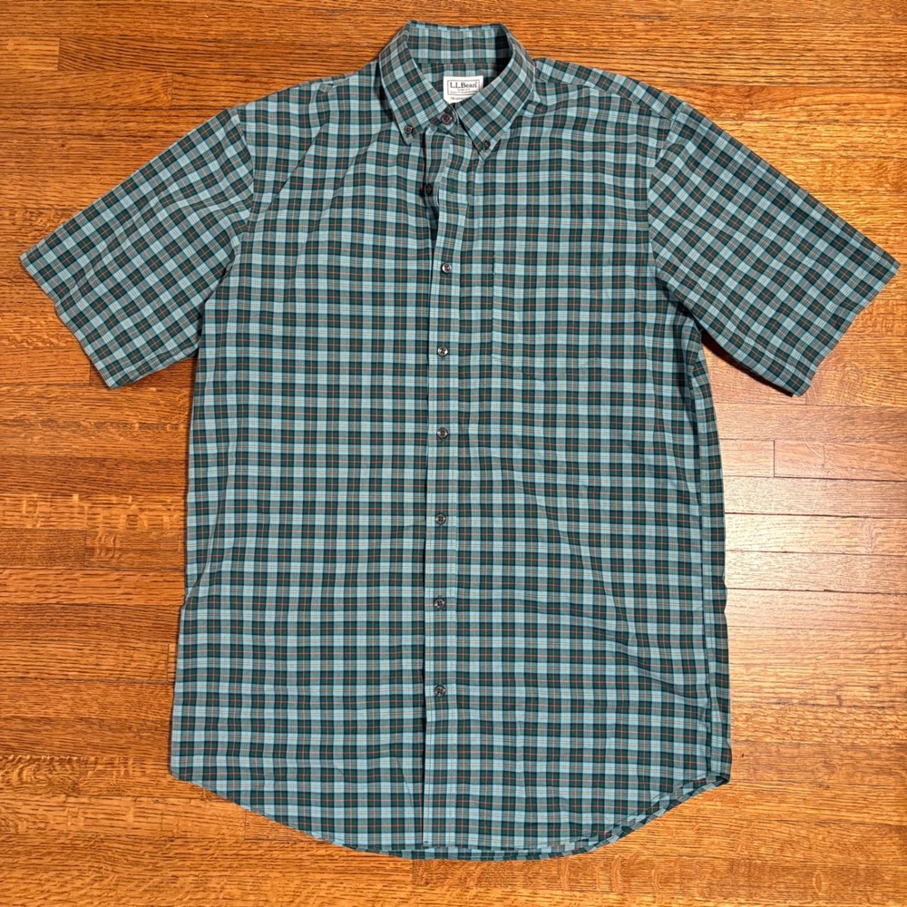 LL Bean Mens M Tall Plaid Short Sleeve Button‎ Up Shirt Traditional Fit